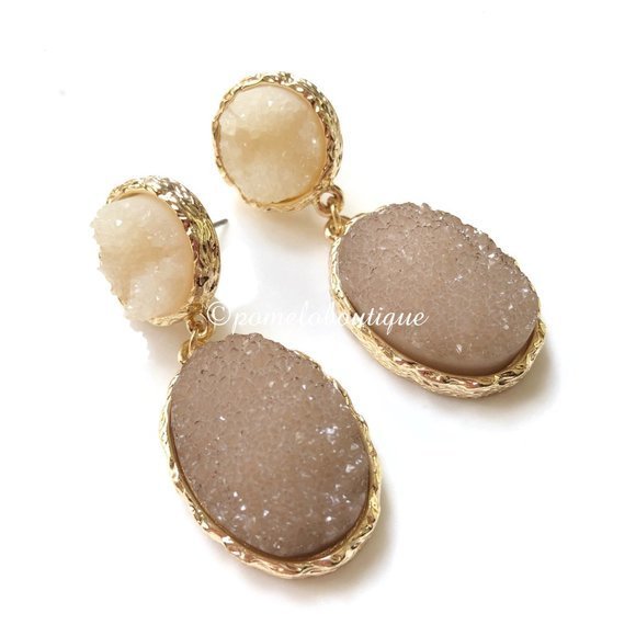4/$25 Druzy Drop Earrings Ivory Tan - Picture 2 of 4